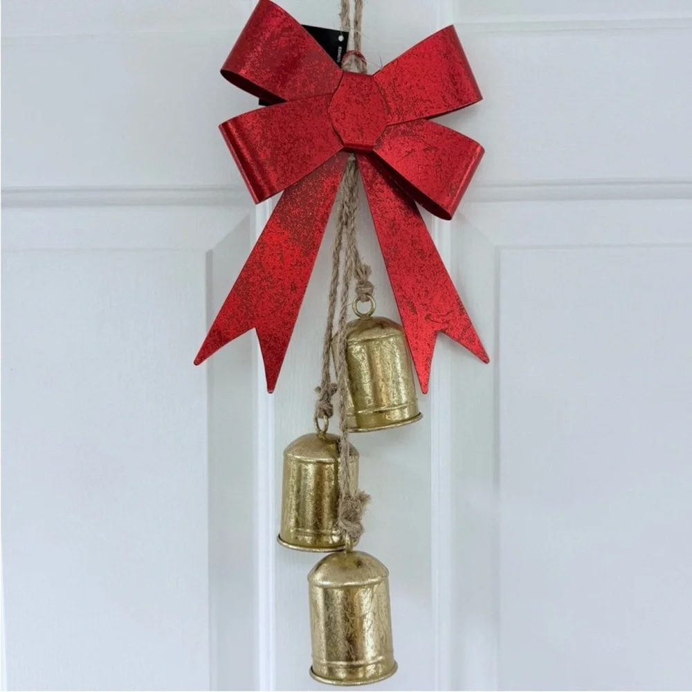 Hobby Lobby Metal & Jute Red Metallic Bow & Gold Jingle Bells Holiday Decor, New